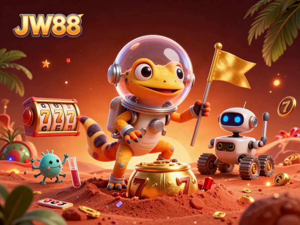 Experience vibrant gameplay at JW88 with a captivating Martian gecko discovering a casino amidst treasures.