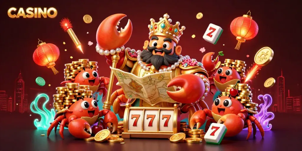 Engage in a thrilling CASINO experience with a majestic crab emperor surrounded by vibrant slot elements and glowing decorations.