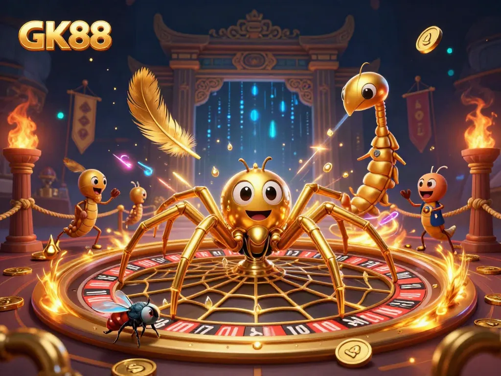 Experience GK88's thrilling roulette with a golden spider and a centipede croupier in action.