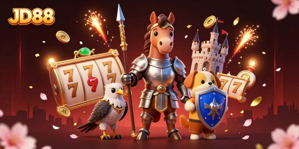 Engage with the vibrant JD88 online casino scene featuring a medieval knight, puppy, and falcon amidst colorful gaming elements.