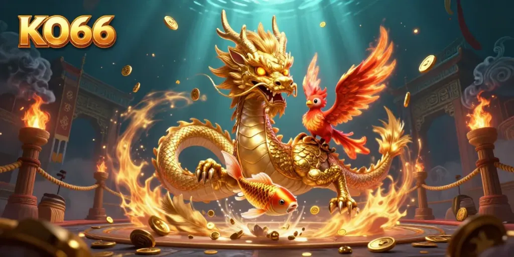 Experience the thrill of KO66 with our vibrant casino-themed illustration featuring dragons and lucky symbols.