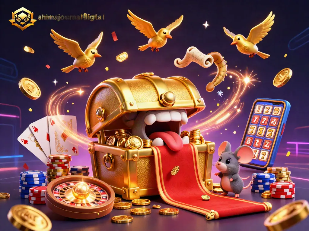 ahimajournal-digital showcases a vibrant 3D casino scene with golden treasures and sparkling games
