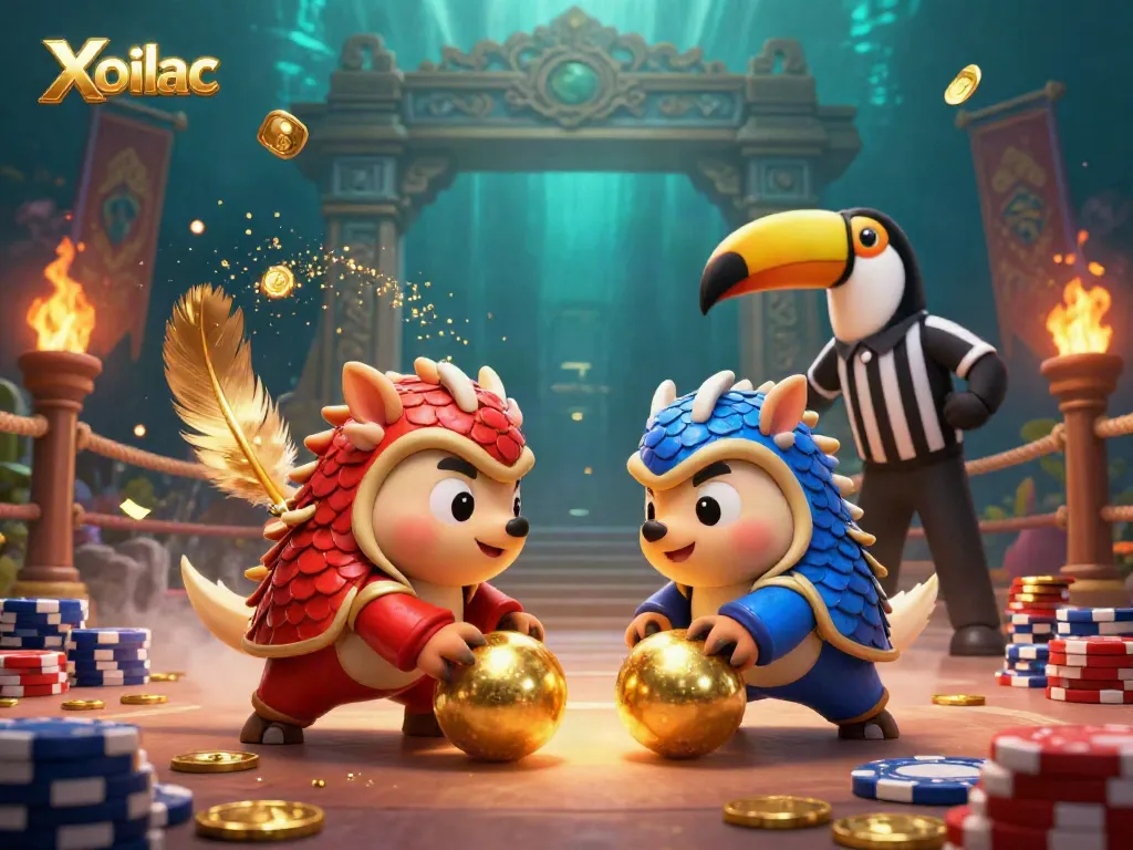 Xoilac pangolins battle through poker chips with golden balls and colorful confetti in a lively gaming scene.