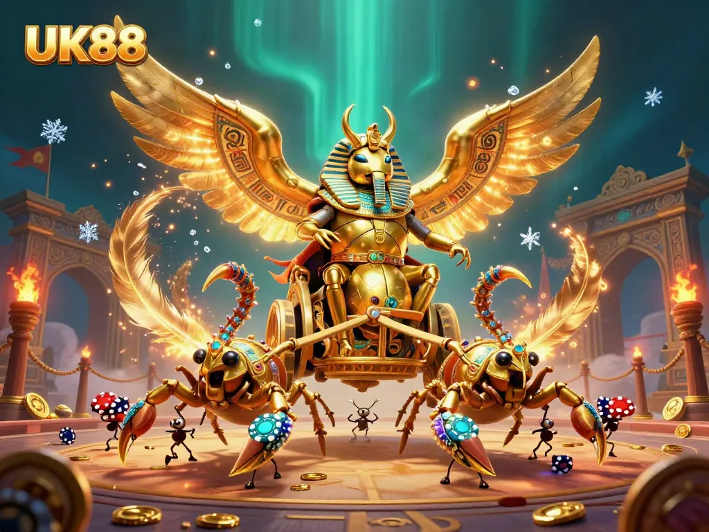 Experience the excitement of UK88 with 3D characters in a vibrant casino scene featuring a golden scarab beetle.
