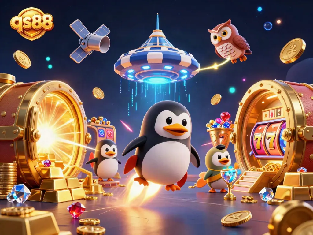Experience thrilling qs88 gaming action with a whimsical rocket-powered penguin and gold treasures in a vibrant casino space.