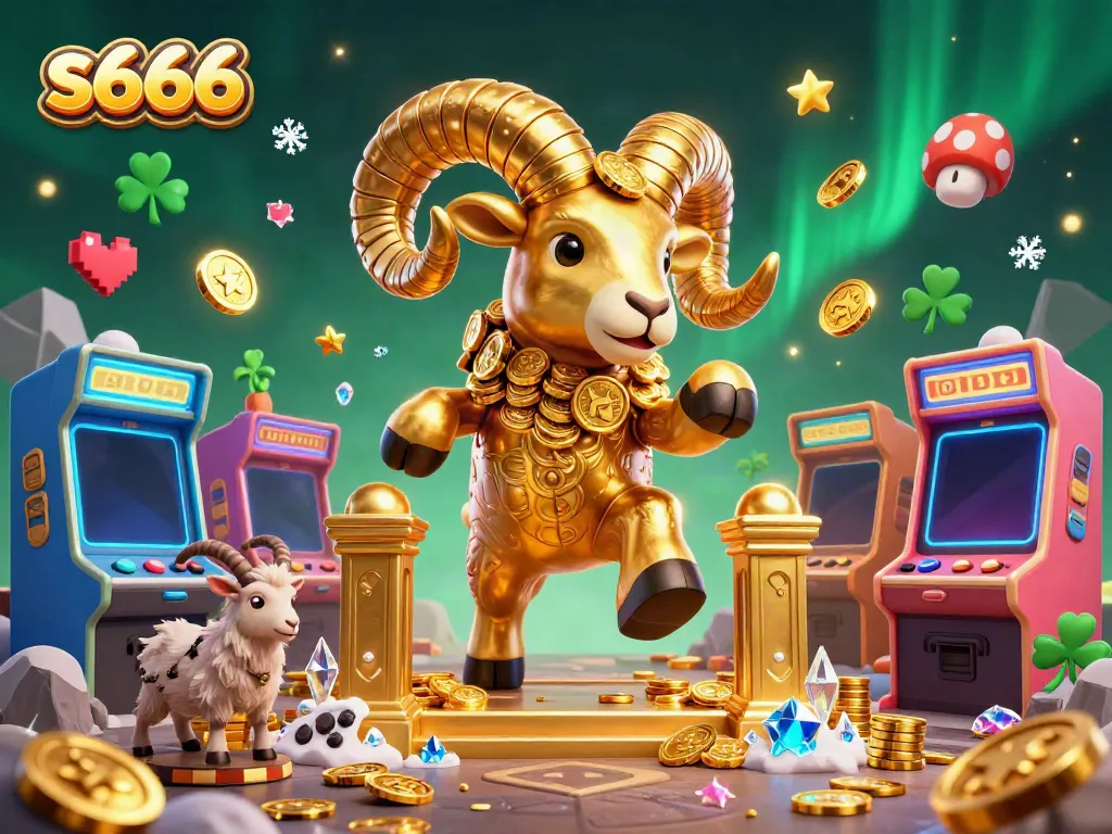 Experience excitement at s666 casino with a golden ram charging through a colorful gaming arena.