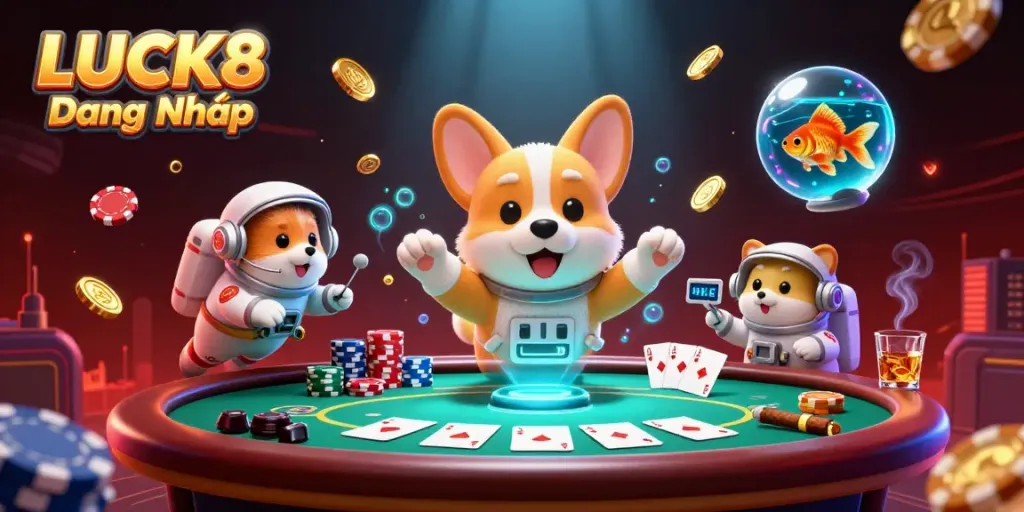 LUCK8 Đăng Nhập features an astronaut corgi and a hamster guiding players in a vibrant 3D space casino.