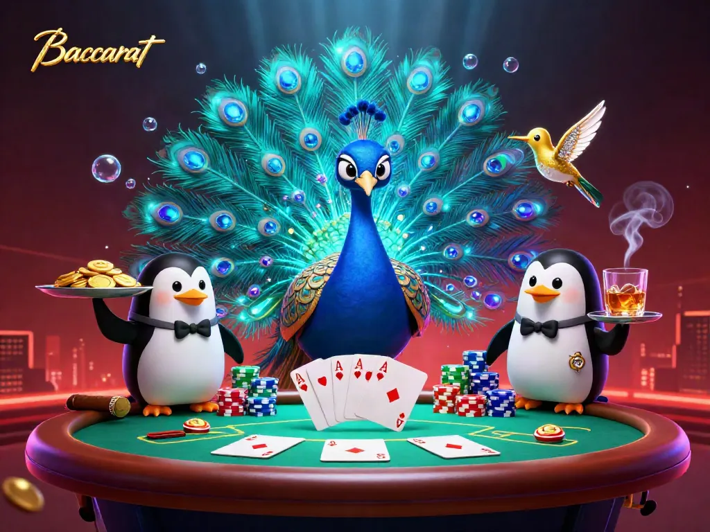 Baccarat gameplay featuring a peacock and penguin in a vibrant casino scene, showcasing exciting card elements.