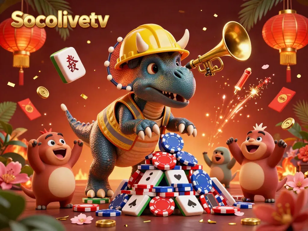 Socolivetv furthers excitement in online gaming with an immersive scene of a triceratops and friends, celebrating poker chip stacking.
