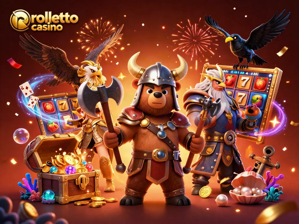 Join the rolletto casino action with a vibrant 3D illustration featuring dynamic gaming elements and characters.