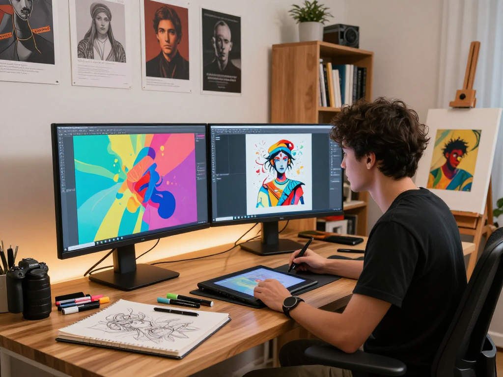 Engaging artist creating NSFW AI-generated artwork in a vibrant digital studio.