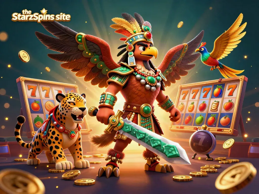 Engage with the StarzSpins site through captivating visuals of Aztec warriors and vibrant gaming elements.