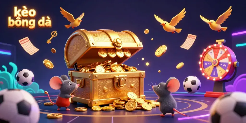 Experience thrilling kèo bóng đá action with adventurous mice, colorful sports balls, and exciting betting elements in a captivating scene.