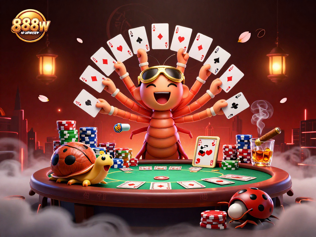 Poker scene with 888NEW characters: millipede dealer, snail high-roller, pill bug excitement.