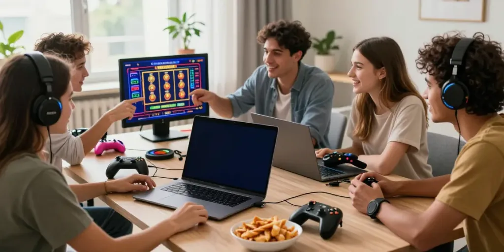 Friends enjoying non gamstop casinos in a lively gaming environment.
