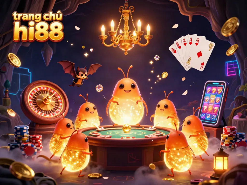 Engaging illustration of trang chủ hi88 showcasing a glowing casino scene with vibrant glowworms and casino games.