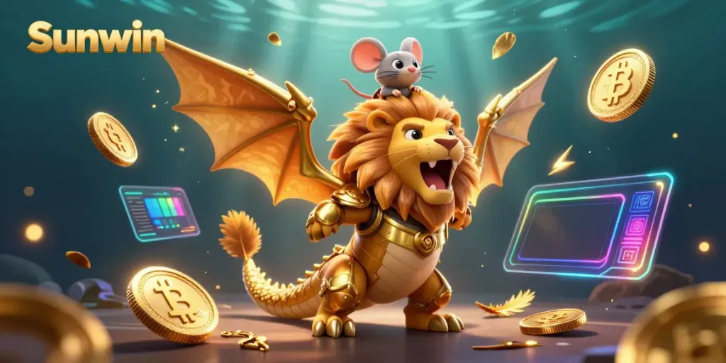 Experience Sunwin's exciting casino environment with a roaring chimera and a mouse jockey amid floating crypto coins.