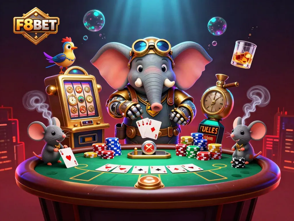 Experience F8BET's thrilling casino atmosphere with a steampunk elephant engineer and vibrant poker elements.
