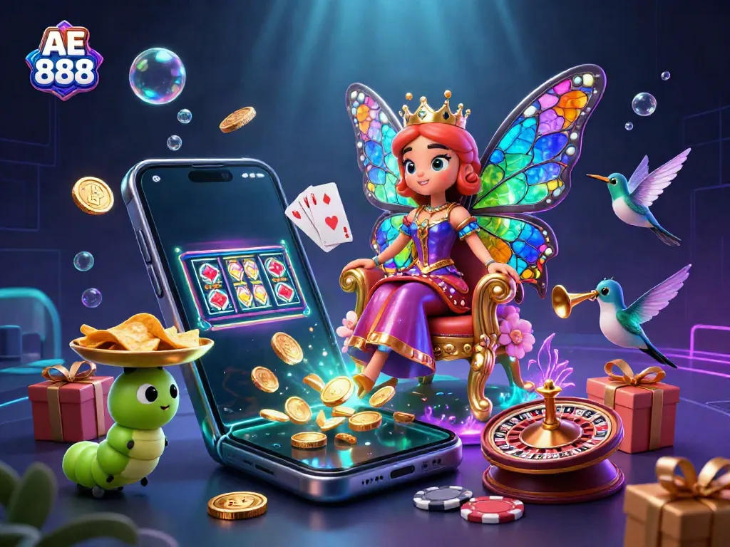 Engage with the vibrant AE 888 casino experience showcased through a colorful 3D twist on classic gambling themes.