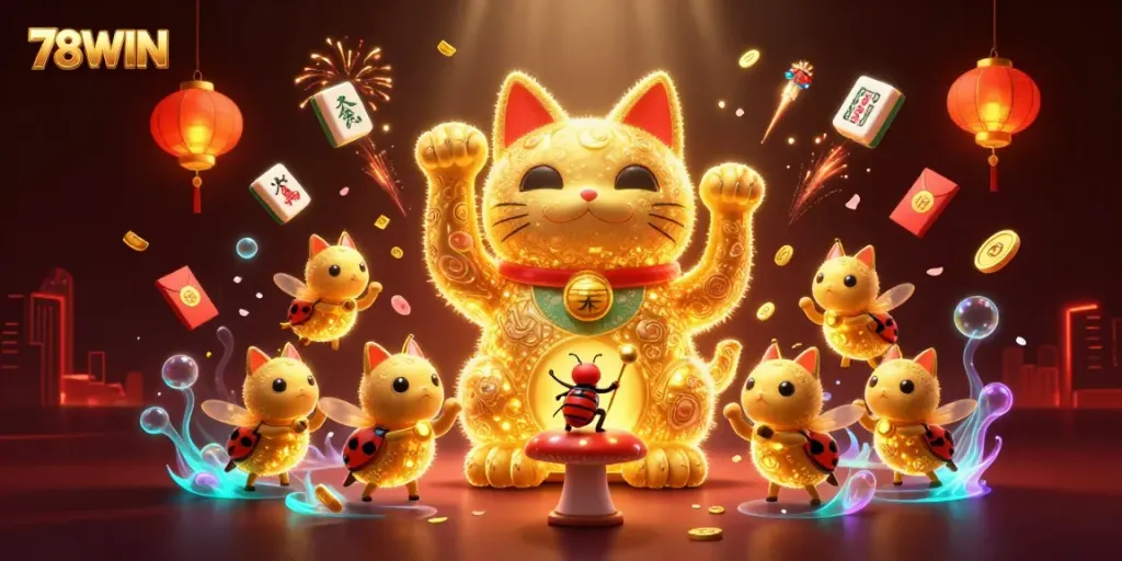 Play and win with 78WIN in this vibrant 3D casino-themed illustration filled with lucky symbols.