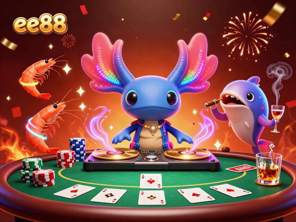 Experience the vibrant energy of ee88 with a neon axolotl DJ and lively shrimp dancers in a casino atmosphere.