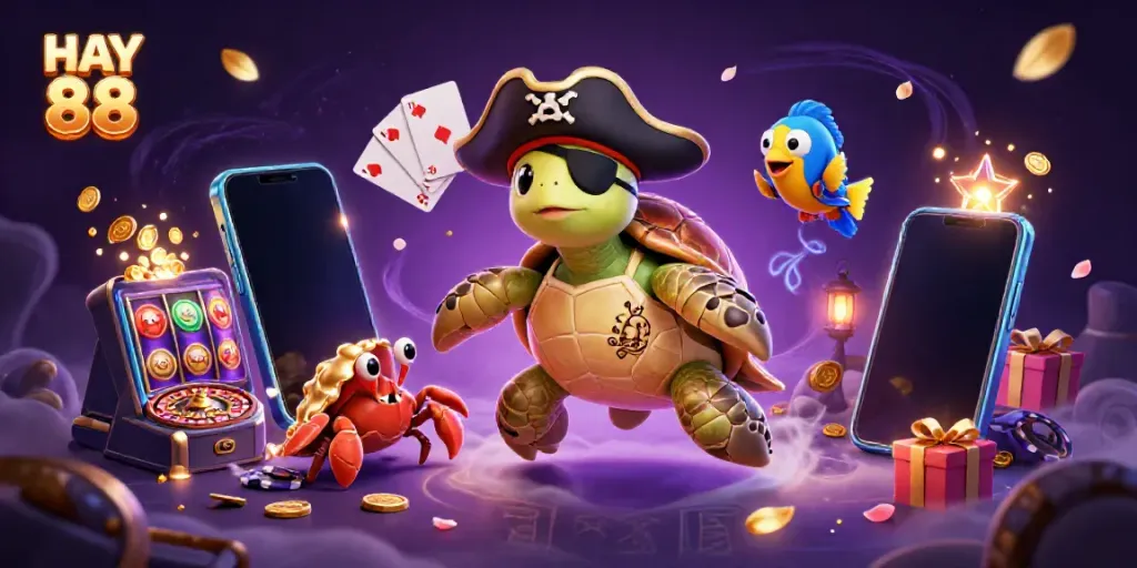 Experience HAY 88's vibrant casino energy with a pirate turtle and treasure in 3D action.
