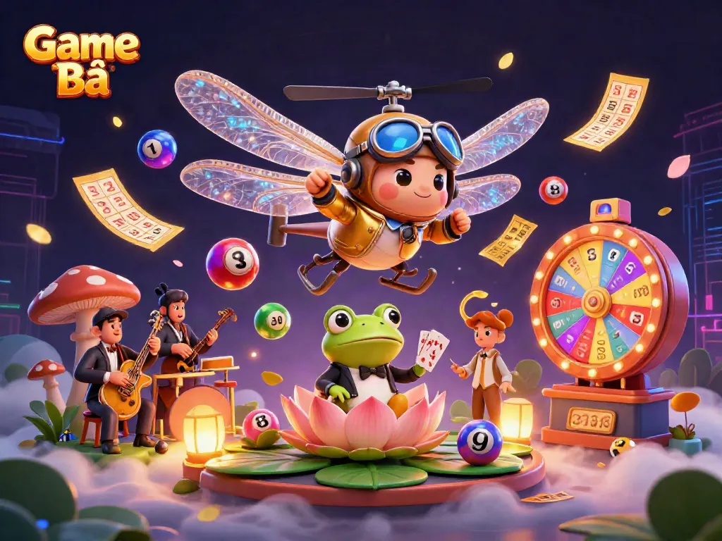 Experience the excitement of Game Bài with vibrant characters and dynamic casino elements in this 3D illustration.