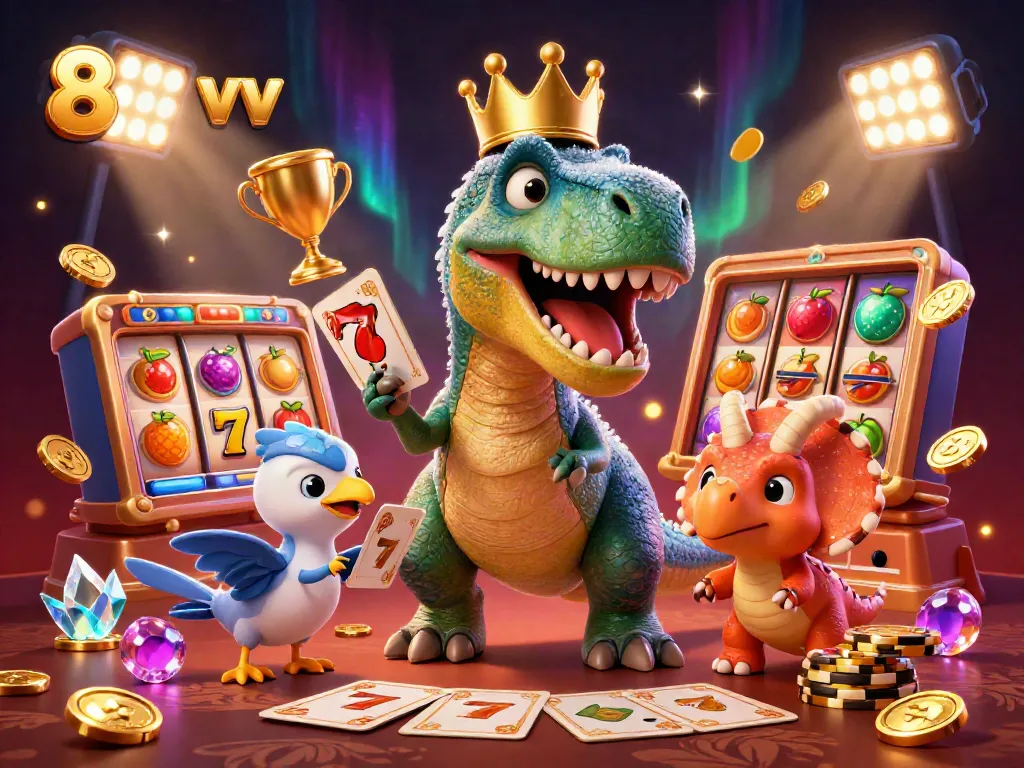 Join the fun with 88 vv as a friendly T-Rex and pterodactyl shuffle cards amidst a lively casino atmosphere.