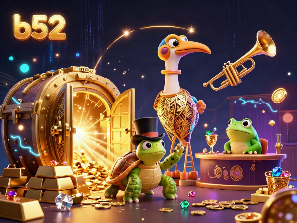 Engage with b52 in a vibrant 3D animated casino scene featuring rich gold treasures and lively characters.