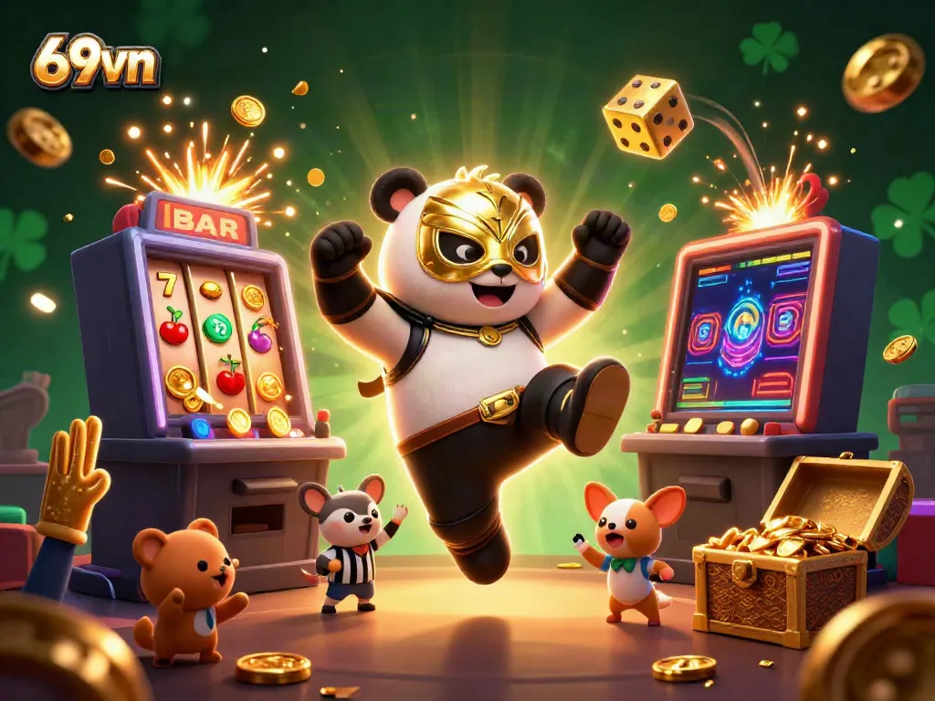 Experience the excitement of 69vn with a colorful casino scene and animated characters celebrating a jackpot win.