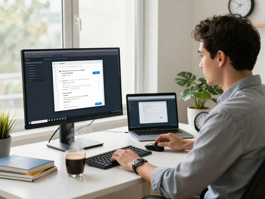 Professional working remotely with ToDesk software on a sleek desk, showcasing productivity and comfort.