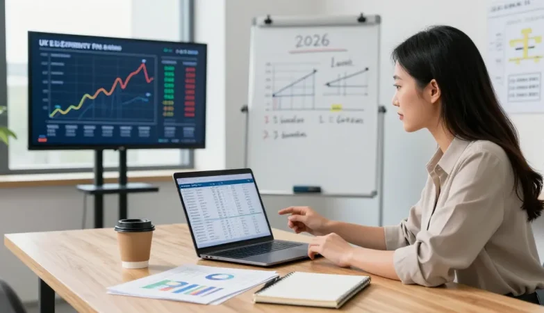 Assessing the current UK electricity price per kWh 2026 in a modern office analysis setup.